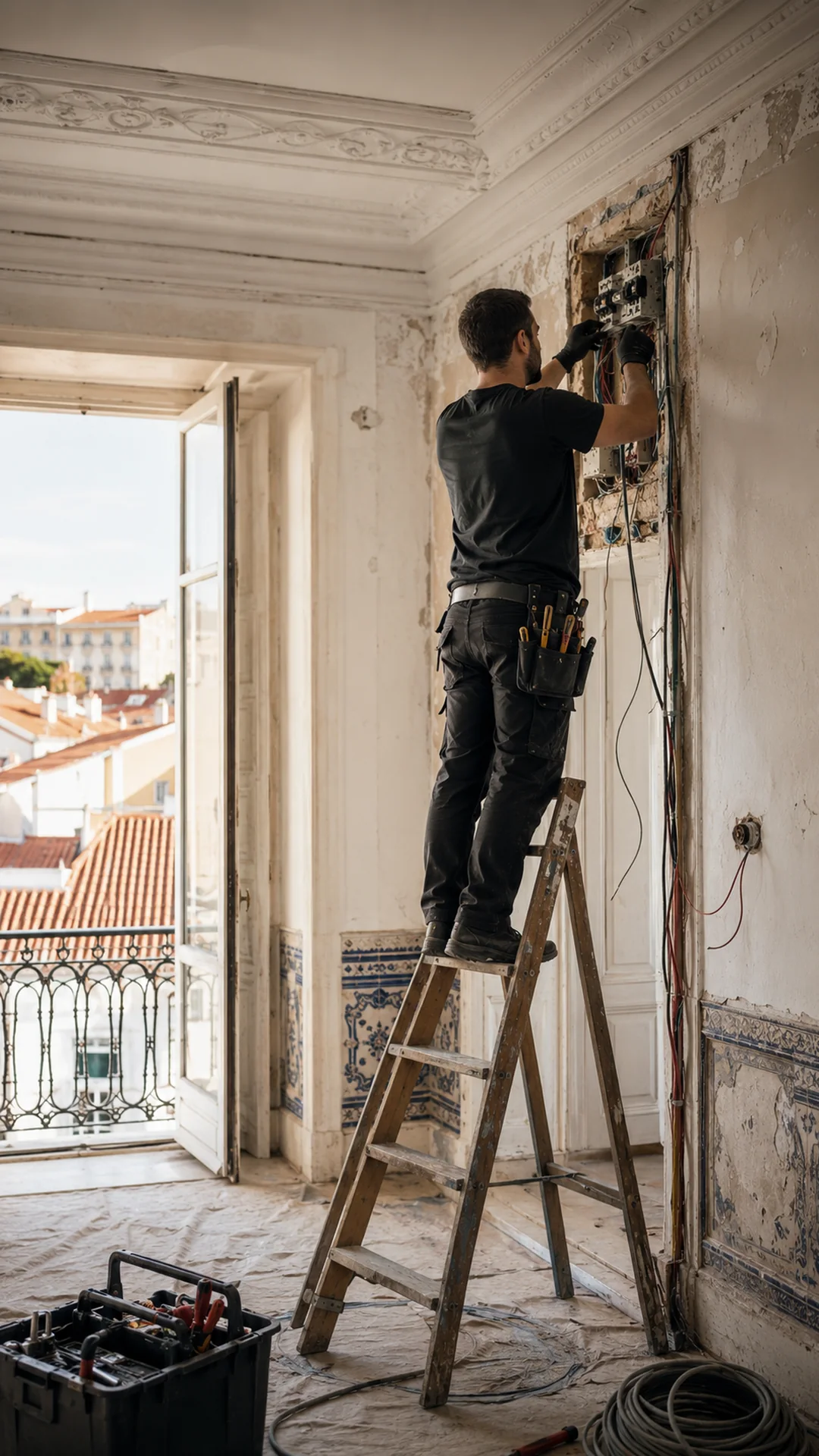 Remodelação elétrica de casas antigas em Lisboa. Substituição de cablagem, quadros, tomadas e circuitos antigos.